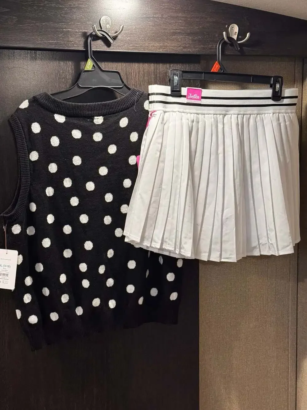 Justice Pleated Skirt and Wonder Nation Polka Dot Sleeveless Sweater Outfit Set